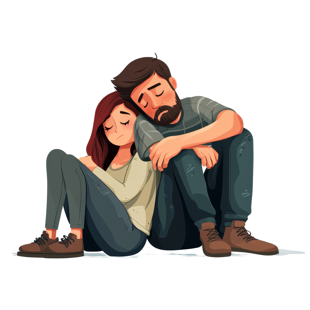 Illustrates a couple exhausted, sad, but still comforting each other showing a glimmer of that spark they once shared.